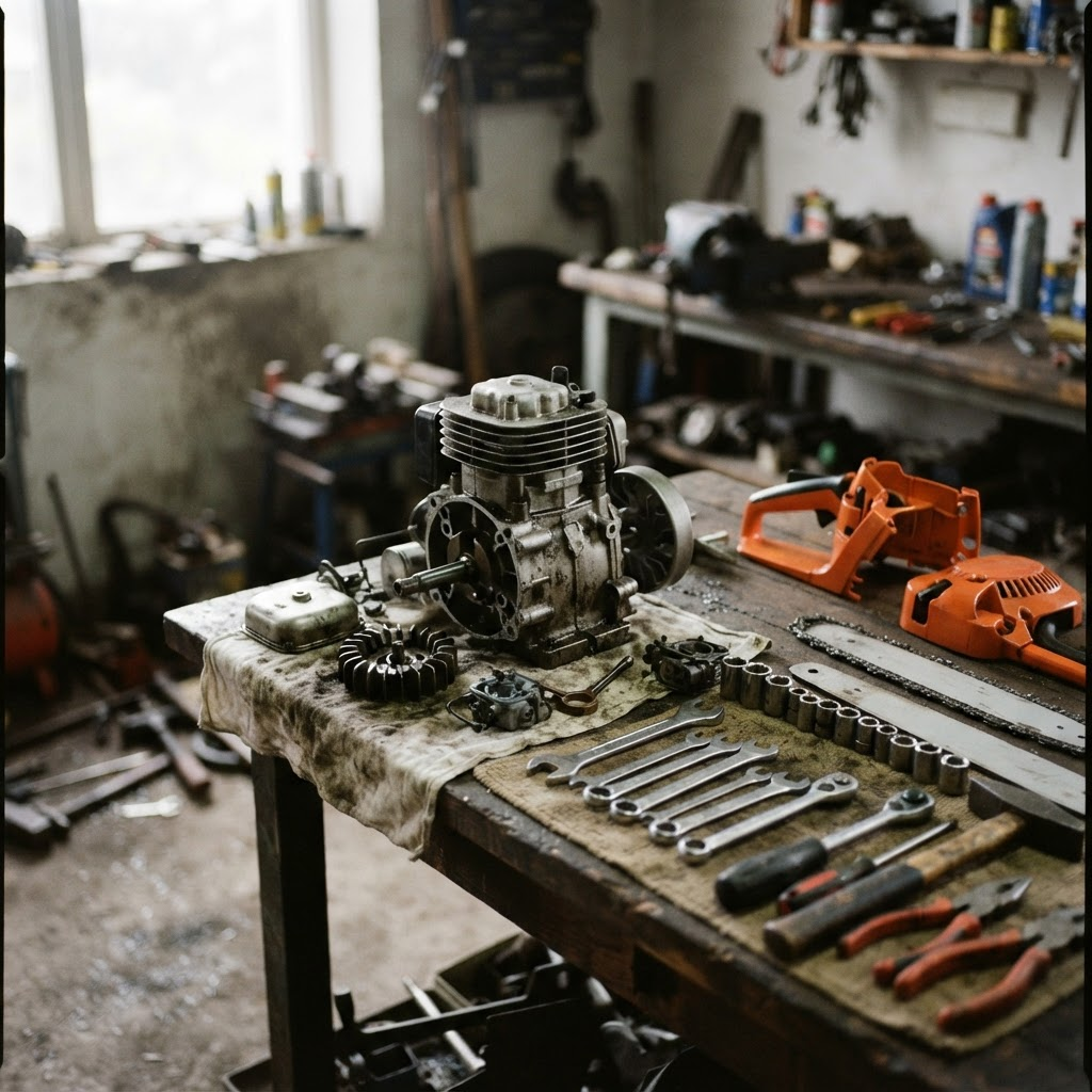 A workshop repair bench with a disassembled lawn mower engine and hand tools