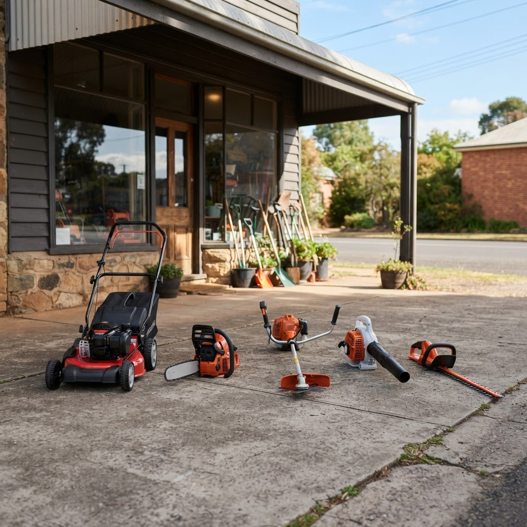 A lineup of outdoor power equipment including a lawn mower, chainsaw, brushcutter and leaf blower
