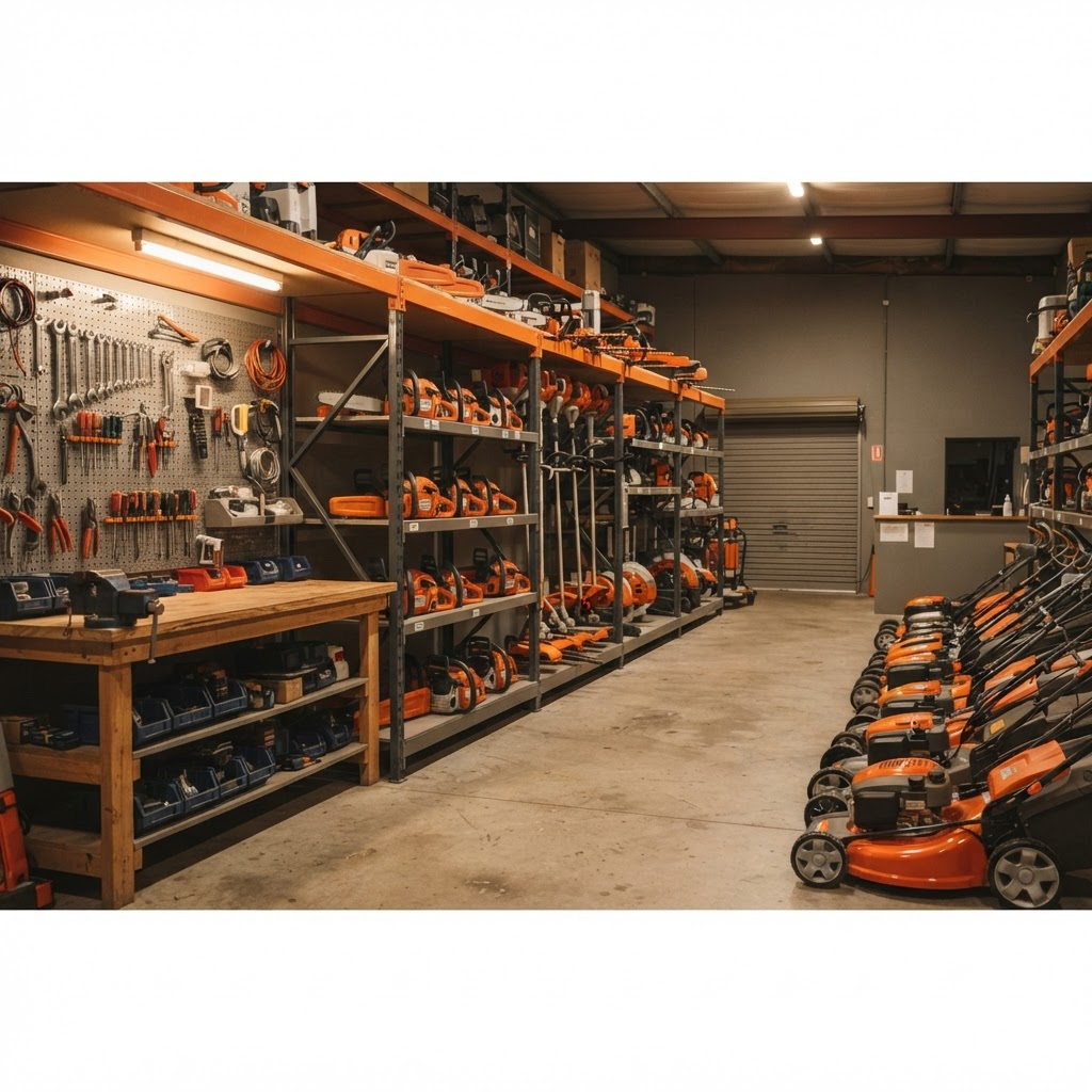 Rows of chainsaws, hedge trimmers, brushcutters and lawn mowers displayed on workshop shelving